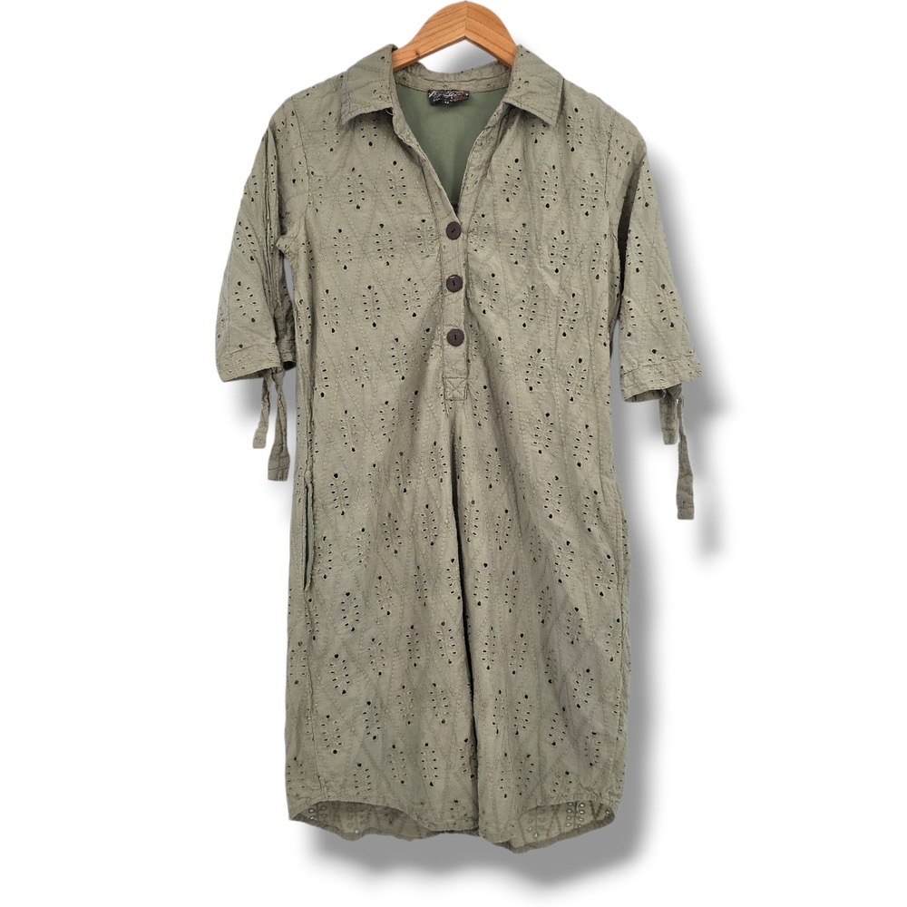 J Gee Womens Olive Green Eyelet Cotton Shift Dress Short Sleeve Size M Pocket‎